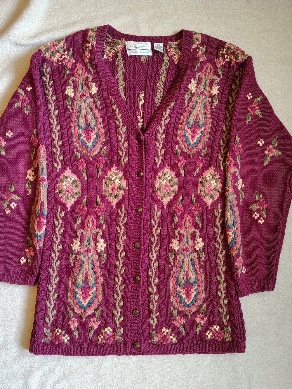 VTG Portraits Northern Isles Hand Knit Cardigan Sweater Women XL Floral Cottage